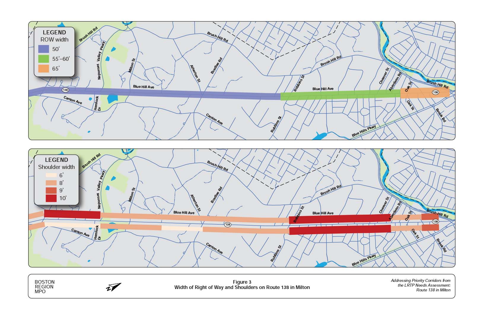 Figure 3 are two maps of the study area showing the width of the right-of-way and shoulders on Route 138 in Milton.